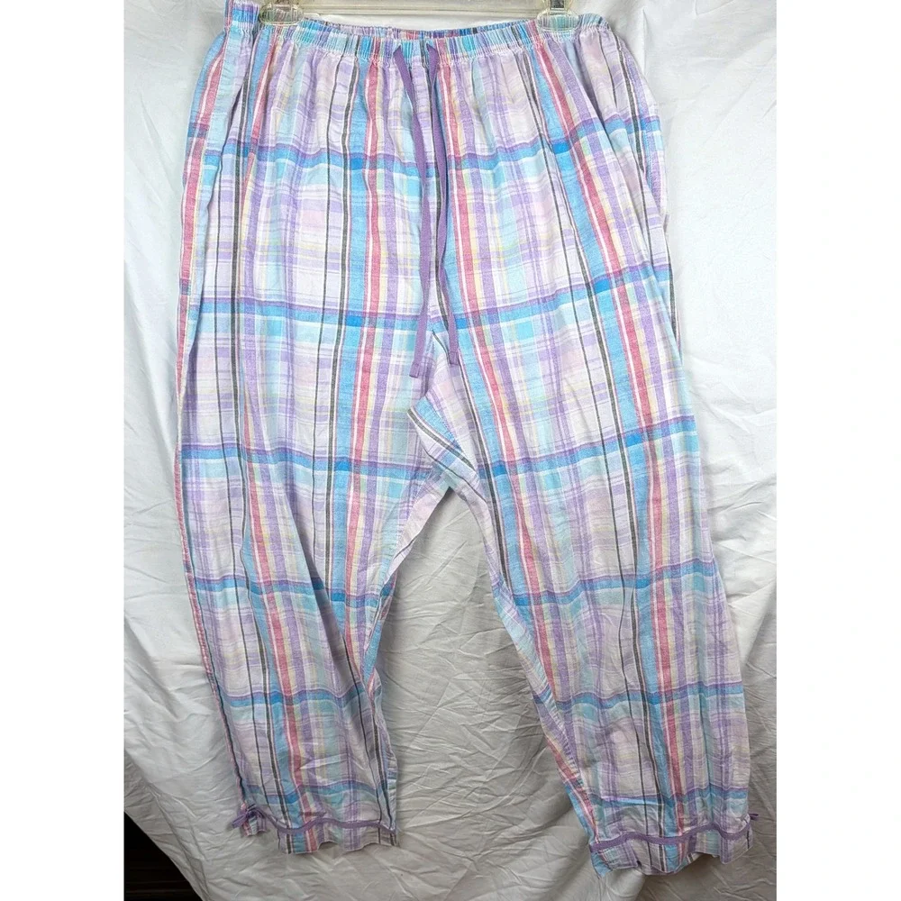 Dreams & Co Womens Pastel Plaid Cotton Pajama Set 2PC Purple Blue Pink Large